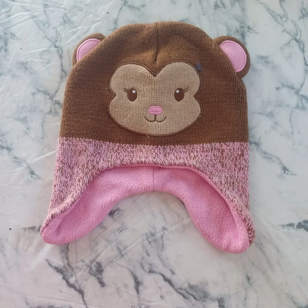 Healthtex Toddler Knit Fleece Hat 2T–5T | Brown Pink Monkey Face Ear Flap Beanie